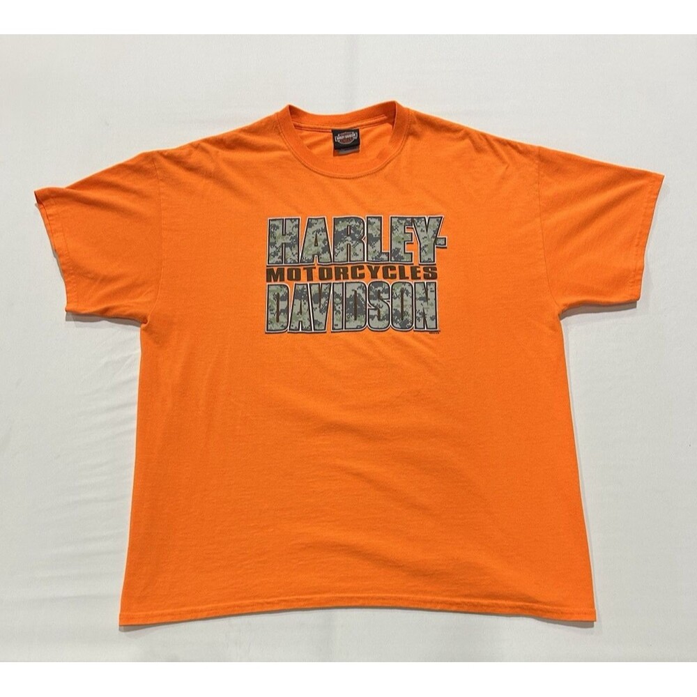 Harley Davidson Mens T-Shirt Short Sleeve Size XL Orange And Camo Green Bay H-1